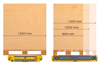Existujú tri typy vozíkov Pallet Shuttle, ktoré sa prispôsobujú trom rôznym hĺbkami paliet: 800, 1 000 a 1 200 mm