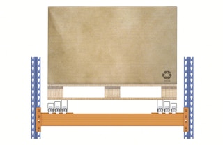 V konfigurácii s vozíkmi sú palety podopreté na vozíkoch okrem posledného, ktorý spočíva na koľajniciach