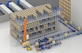 Spádové regálové systémy je možné spárovať s automatizovanými riešeniami, ako sú dopravníky a stohovacie žeriavy na palety
