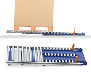 S kanálmi spádových valčekových regálov na úrovni podlahy je možné tovar vyložiť pomocou paletových vozíkov
