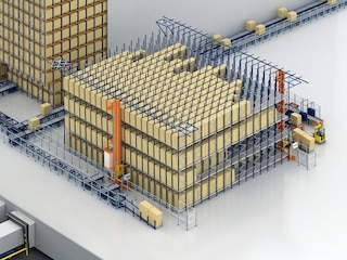 Valčeková regálová jednotka so stohovacími žeriavmi v oboch uličkách